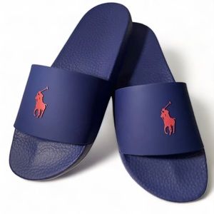 🖤🖤 NWT Polo Ralph Lauren Men’s Pony Slides Sandals Blue With Red Pony